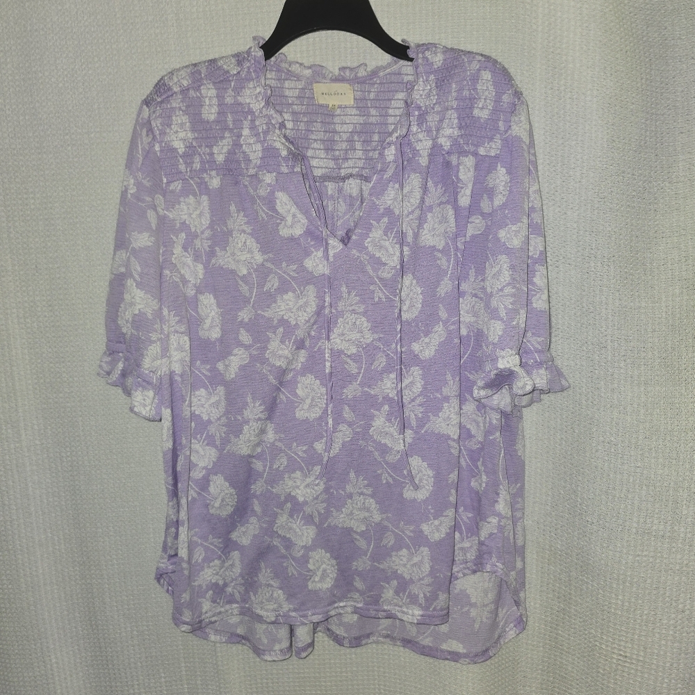 Melloday Purple Floral Women's 2X Short Sleeve Ruffle With Tie Strings V-Neck